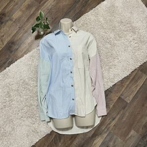 VICI Size XS Oversized Pastel Colorblock Striped Button Front Cotton Blend Top